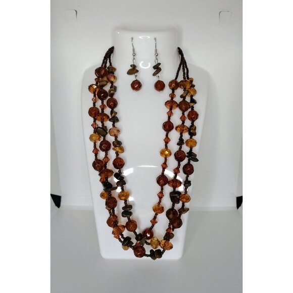 Fashion Jewelry Glass Beaded Necklace Earrings Set Multi Strand 20" Gift Women 3 - Picture 1 of 12